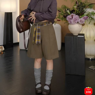 周美美同款 跳脱英伦高智时髦格纹腰带复古绿西装中裤