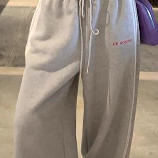 具象松弛舒适灰色抽绳束脚蕾丝花边超厚加绒卫裤 rouge周美美