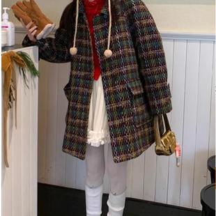 le rouge周美美 经典复古棕色绿咖格子廓形羊毛双面呢茧型大衣
