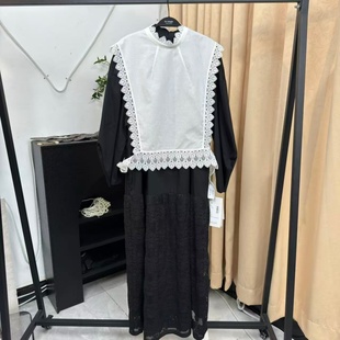 周美美同款 文艺漫游暗黑拼接连衣裙中世纪立领蕾丝背心