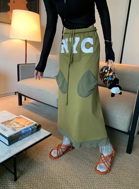 周美美同款 废土风独特拼接字母logo荷叶边抽绳休闲半身裙