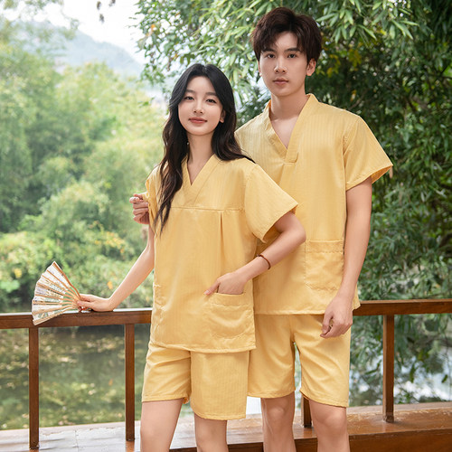 新款贡缎男女情侣家居服浴服睡衣汗蒸服洗浴服韩版酒店按摩桑拿