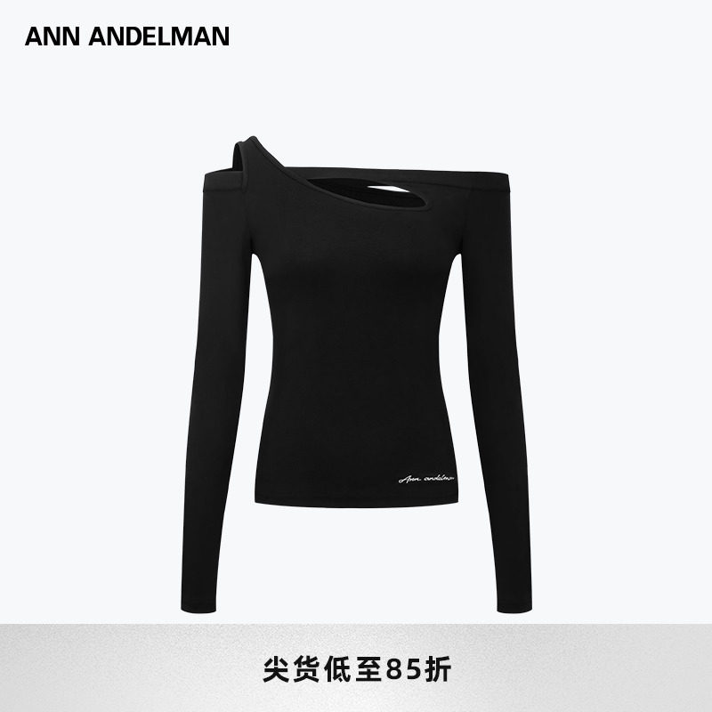 ANN ANDELMAN官方直营 黑色镂空一字肩设计感上衣紧身解构长袖T恤