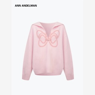 ANN ANDELMAN 粉色毛衣女秋冬慵懒高级感印花套头连帽V领针织女装