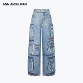 ANDELMAN多口袋印花牛仔裤 复古阔腿高街直筒裤 水洗工装 ANN 长裤