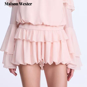 粉色高级雪纺轻盈感抽褶短裤 Maison Wester2025年春夏新款