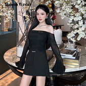 新款 Maison Wester2025夏季 黑色网刺绣LOGO露肩上衣