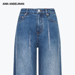 ANN ANDELMAN流行烫钻牛仔裤女阔腿深蓝色高腰复古水洗做旧直筒裤