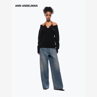 ANN ANDELMAN 黑色毛衣秋冬女慵懒高级感假两件性感烫钻针织外套