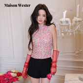 Maison 抽褶小上衣 波嬉风红色小碎花高领无袖 Wester2025夏季 新款