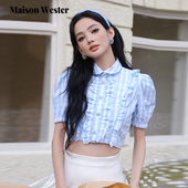 Maison 上衣 官方流行夏日女士蓝格泡泡袖 Wester2025年夏季 新款