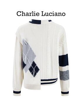 Charlie Luciano不对称菱格绞花针织开衫男女同款春季宽松毛衣潮