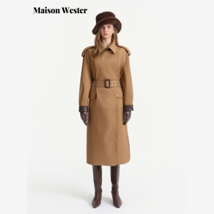 覆古咖色拼色风衣长款 新品 外套 Wester2025冬季 Maison