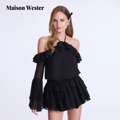 新款 Maison Wester2025夏季 黑色设计感挂脖雪纺层次连衣裙