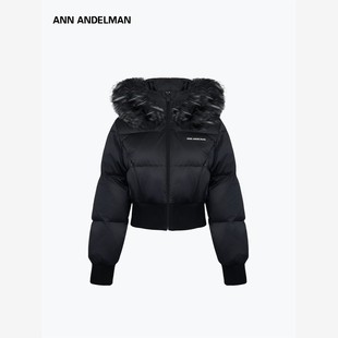 ANN ANDELMAN开拆卸毛绒领连帽羽绒服女冬季短款罗纹收口保暖外套