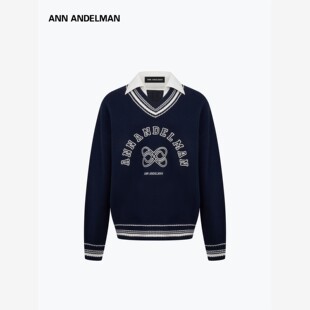 ANN ANDELMAN拼接衬衫领OS美式毛衣女假两件设计字母刺绣针织衫