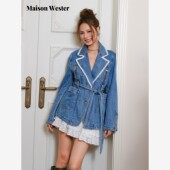 Wester2025年秋季 新品 时尚 Maison 个性 牛仔翻领腰带拉炼设计外套