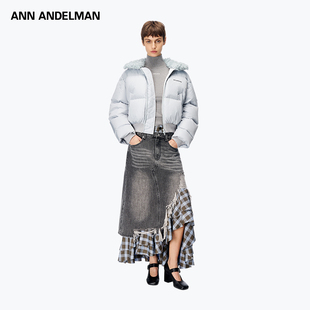 ANN ANDELMAN官方直营短款毛领银灰色羽绒服女外套加厚卷毛面包服