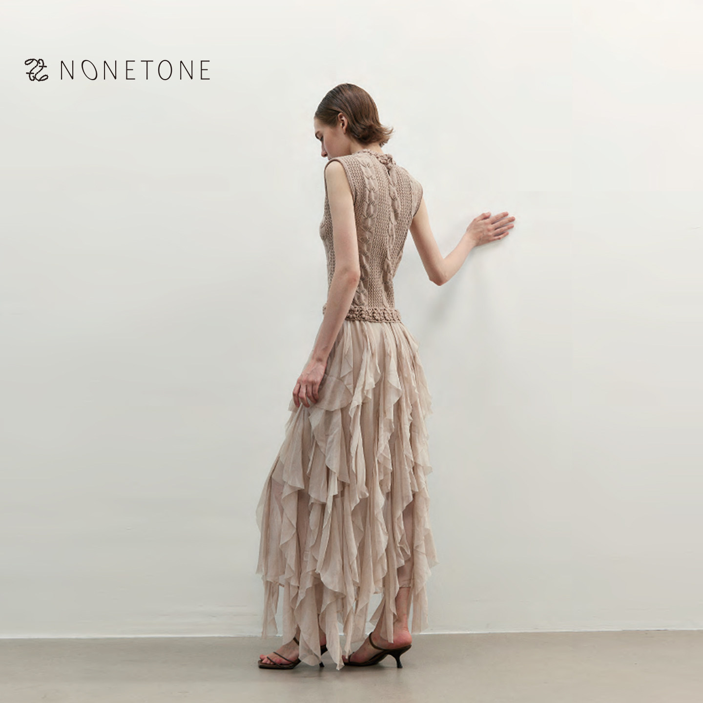 NONET针织手钩花拼接真丝