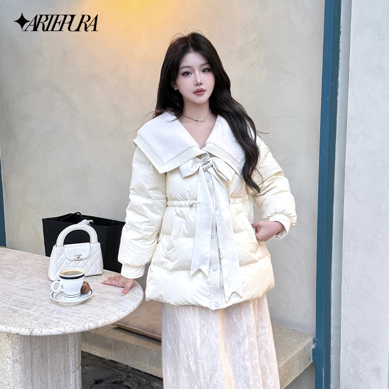 【tiann博主同款】ARTE PURA奶白色蝴蝶结羽绒服白鸭绒外套女