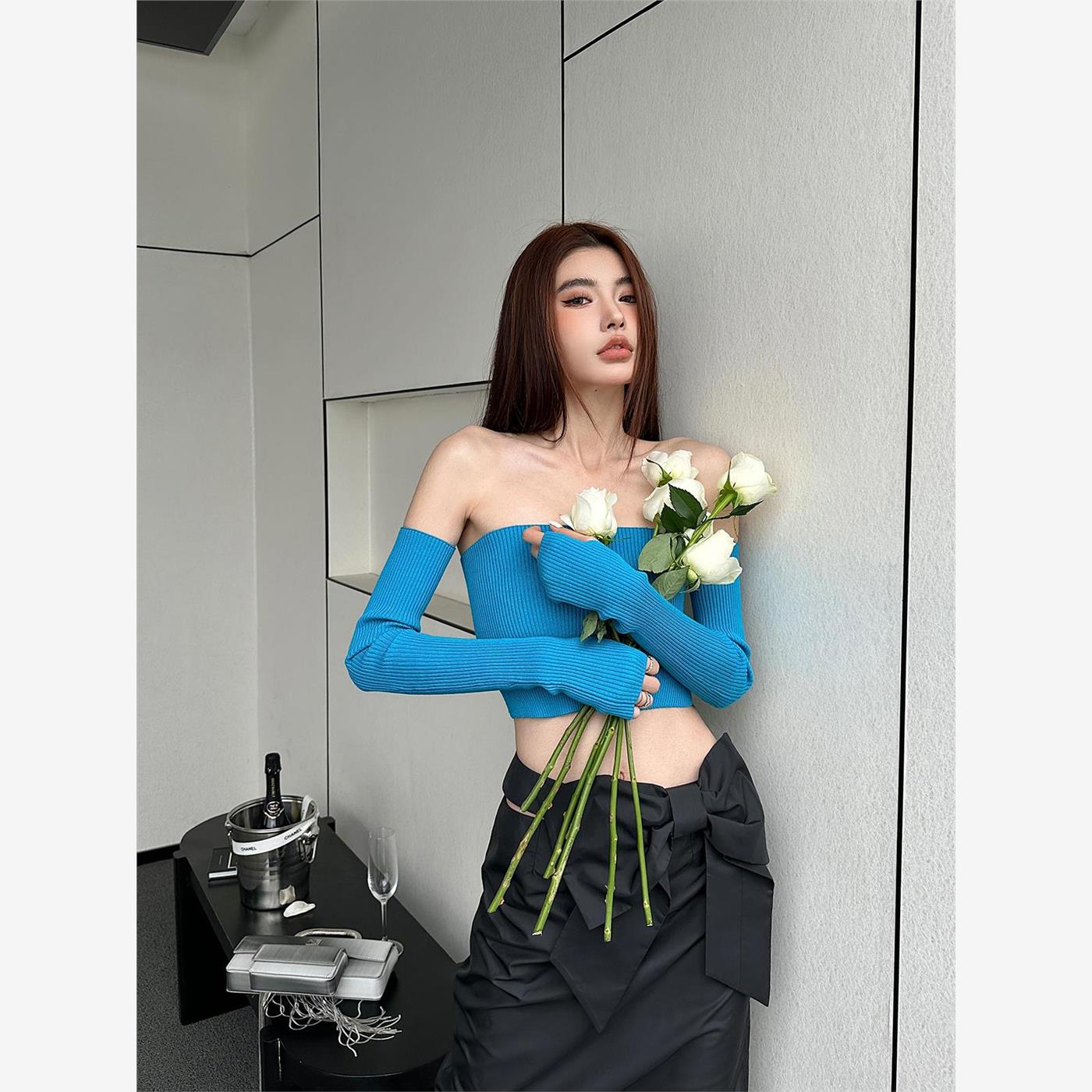 June Eleven春季新品绿色绑带拼蓝色针织上衣女 小性感弹力抹胸