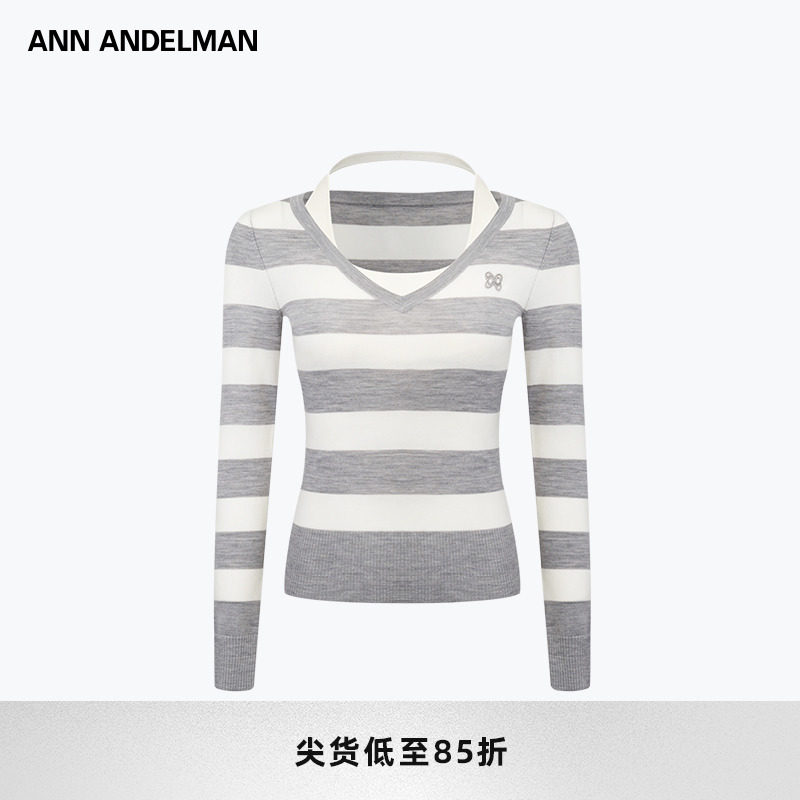 ANN ANDELMAN官方直营 拼色修身长袖套头针织衫V领毛织条纹假两件