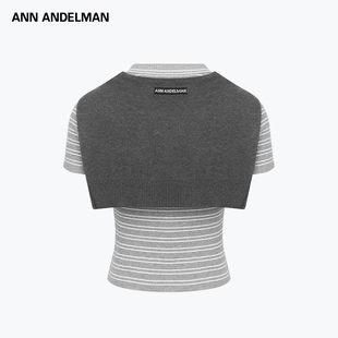 ANN ANDELMAN官方直营 灰色条纹修身短款披肩两件套横条T短袖上衣