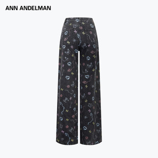 ANN ANDELMAN26春季新款多元素个性印花复古水洗做旧阔腿牛仔裤子