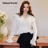 Maison Wester2026早春新品 千金风v领上衣金扣荷叶边蕾丝收腰衬衣