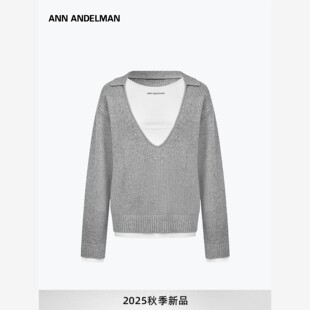 ANN ANDELMAN官方直营灰色针织毛衣女秋冬假两件荡领套头慵懒上衣