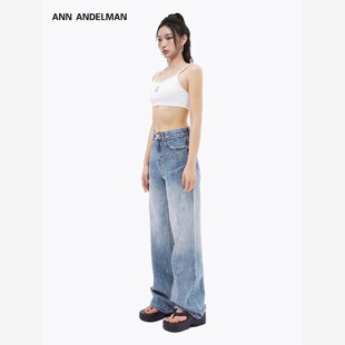 ANN ANDELMAN官方直营 烫钻阔腿牛仔裤女浅蓝色直筒阔腿裤休闲裤
