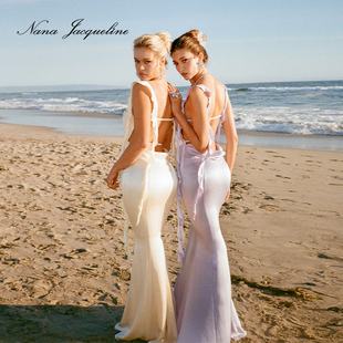 NanaJacqueline飘带缎面荡领连衣裙女夏季新款气质淡人吊带水母裙