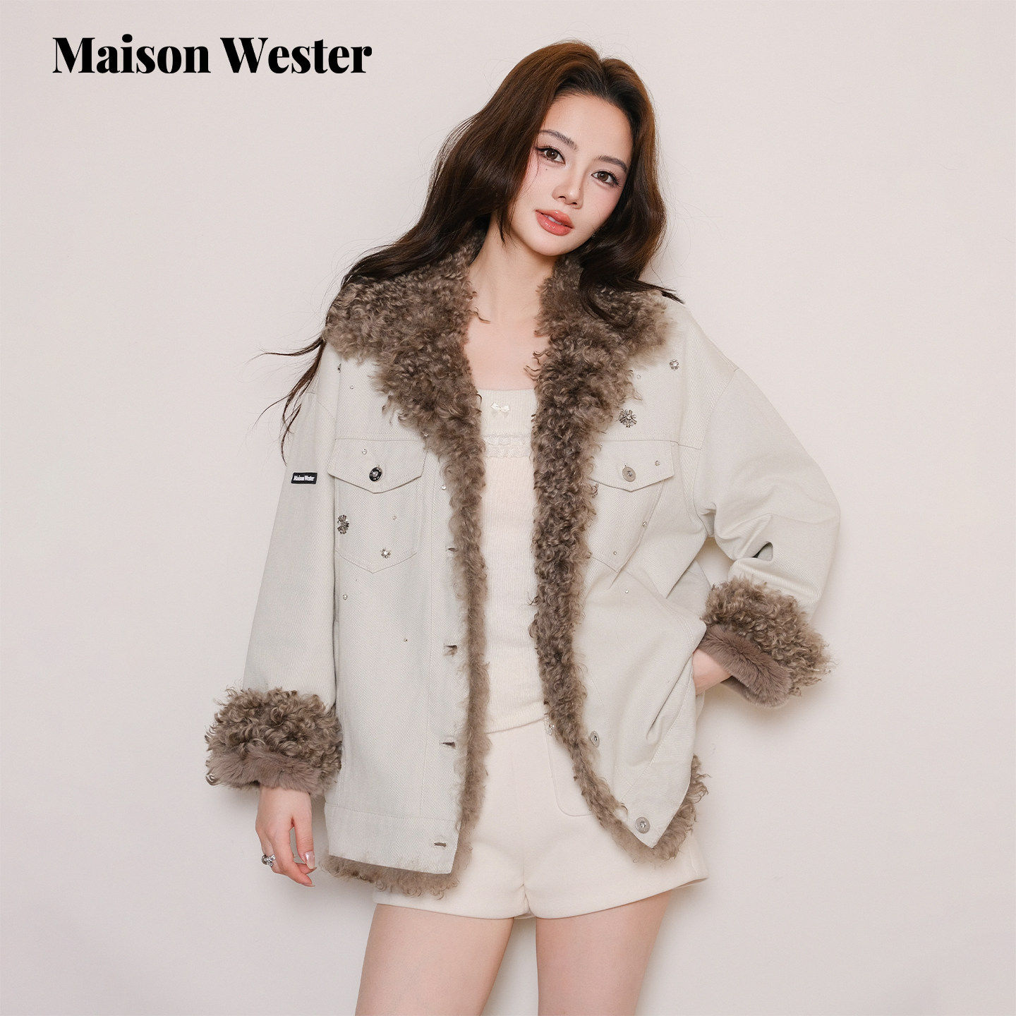 Maison Wester2025冬季新品米白色廓形牛仔羊羔毛领大衣毛呢外套