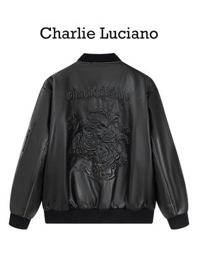 Charlie Luciano花卉刺绣擦色皮夹克25年冬季新款宽松休闲外套潮
