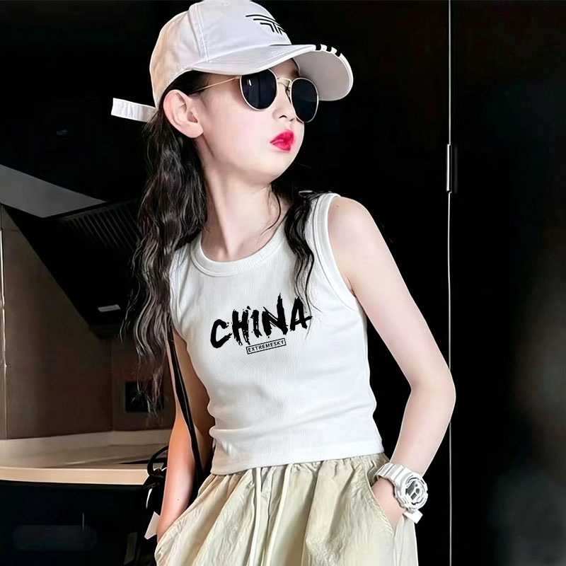 纯棉女童背心T恤无袖短款儿童新中式跳爵士舞夏季装女孩吊带上衣