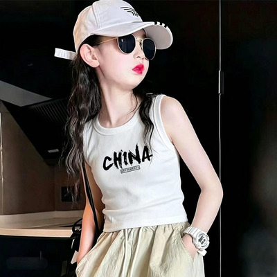 纯棉女童背心T恤无袖短款儿童新中式跳爵士舞夏季装女孩吊带上衣