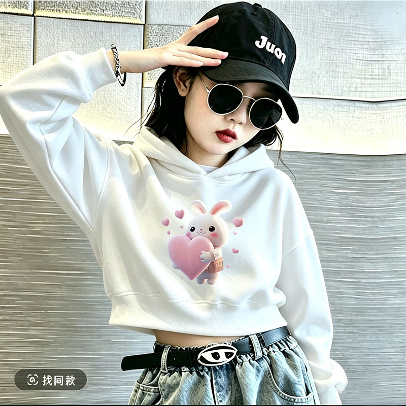 女童连帽短款卫衣春秋冬季白色女孩外套中大童加绒加厚长袖上衣