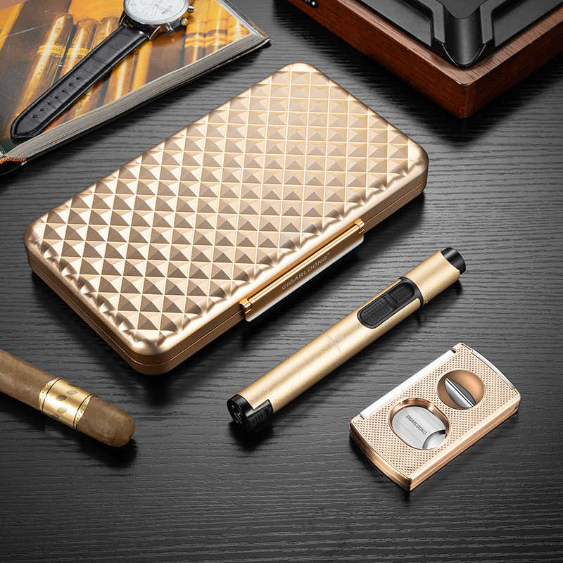 高端雪茄工具套装5支装便携保湿盒多功能剪刀及打防风火机三件套