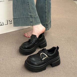 百搭单鞋 英伦风厚底乐福鞋 黑色金属扣增高小皮鞋 新款 女2026年春季