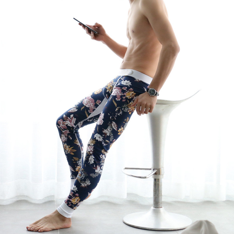 男士秋裤男单件纯棉青年薄款印花保暖裤线裤衬裤打底棉毛裤潮