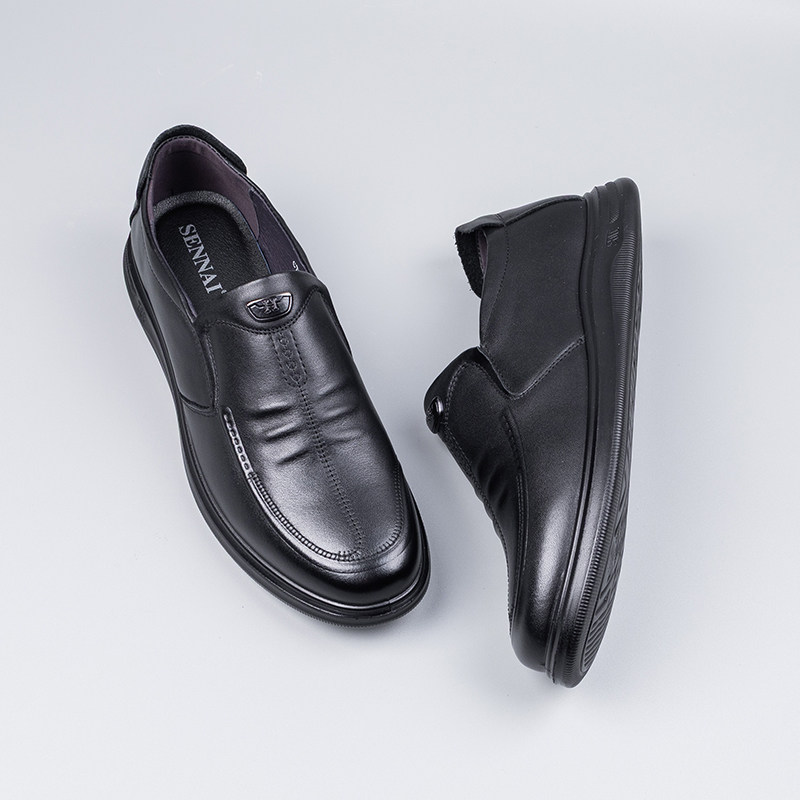 森奈男鞋2025春秋男士真皮商务休闲皮鞋头层牛皮套脚中年爸爸鞋子