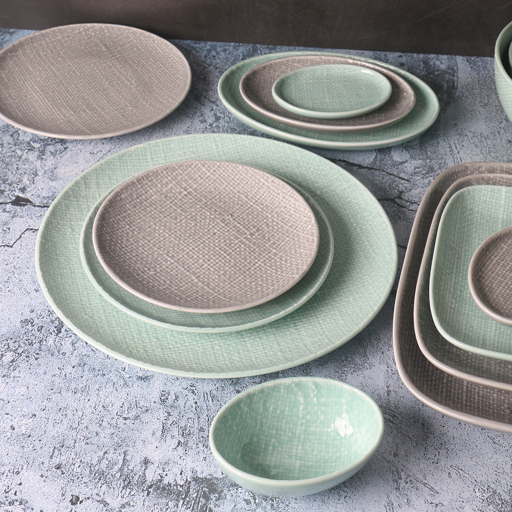 【某牌 孤品】【灰色 青绿色】lz麻布纹陶瓷餐具 米饭碗 西餐盘子