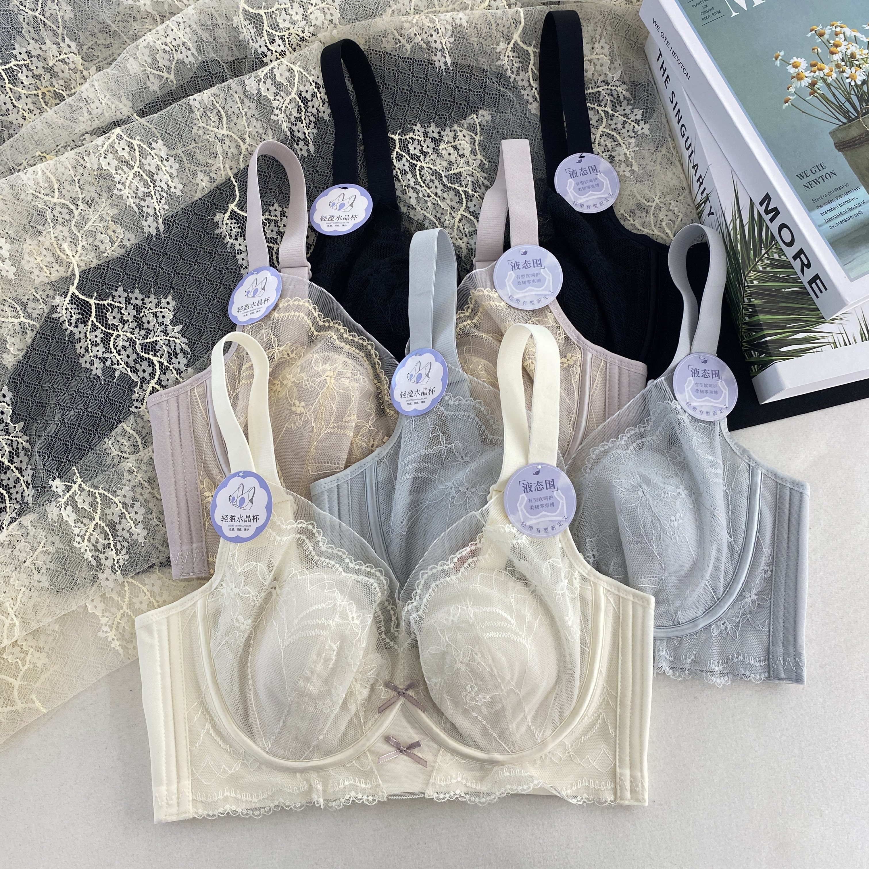 古妃1215法式蕾丝超薄兔耳朵杯内衣女大胸显小调整收副乳聚拢文胸