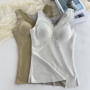 秋冬蚕丝棉羊毛保暖内衣女云感双面绒蕾丝带胸垫打底修身显瘦背心