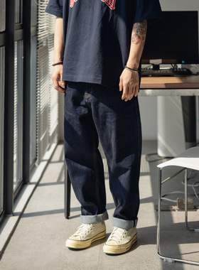 潮牌水洗赤耳丹宁脱浆牛仔裤直筒裤潮男蓝色复古宽松休闲阔腿长裤