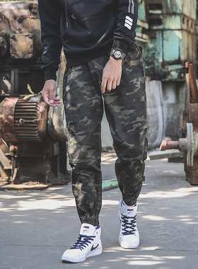 迷彩工装裤日系潮牌机能百搭哈伦抽绳运动束脚休闲拉链小脚裤男潮