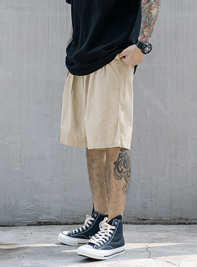 日系复古阔腿余文乐短裤男ins简约潮牌街头宽松百搭直筒休闲中裤