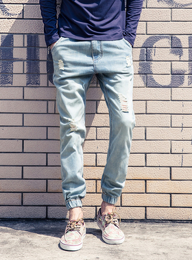 日系原创潮牌余文乐秋冬收口束脚破洞牛仔乞丐哈伦小脚裤男长裤潮