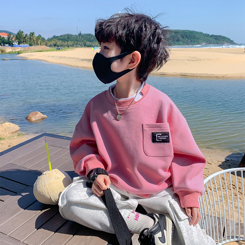 2026春秋款男童卫衣儿童衣服男孩秋装红色卫衣假两件韩系上衣纯色