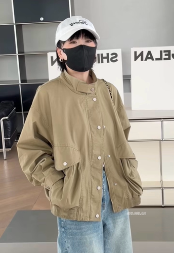 T019复古外套 诗歌兰欧货女装2026春款气质卡其色口袋夹克外套女